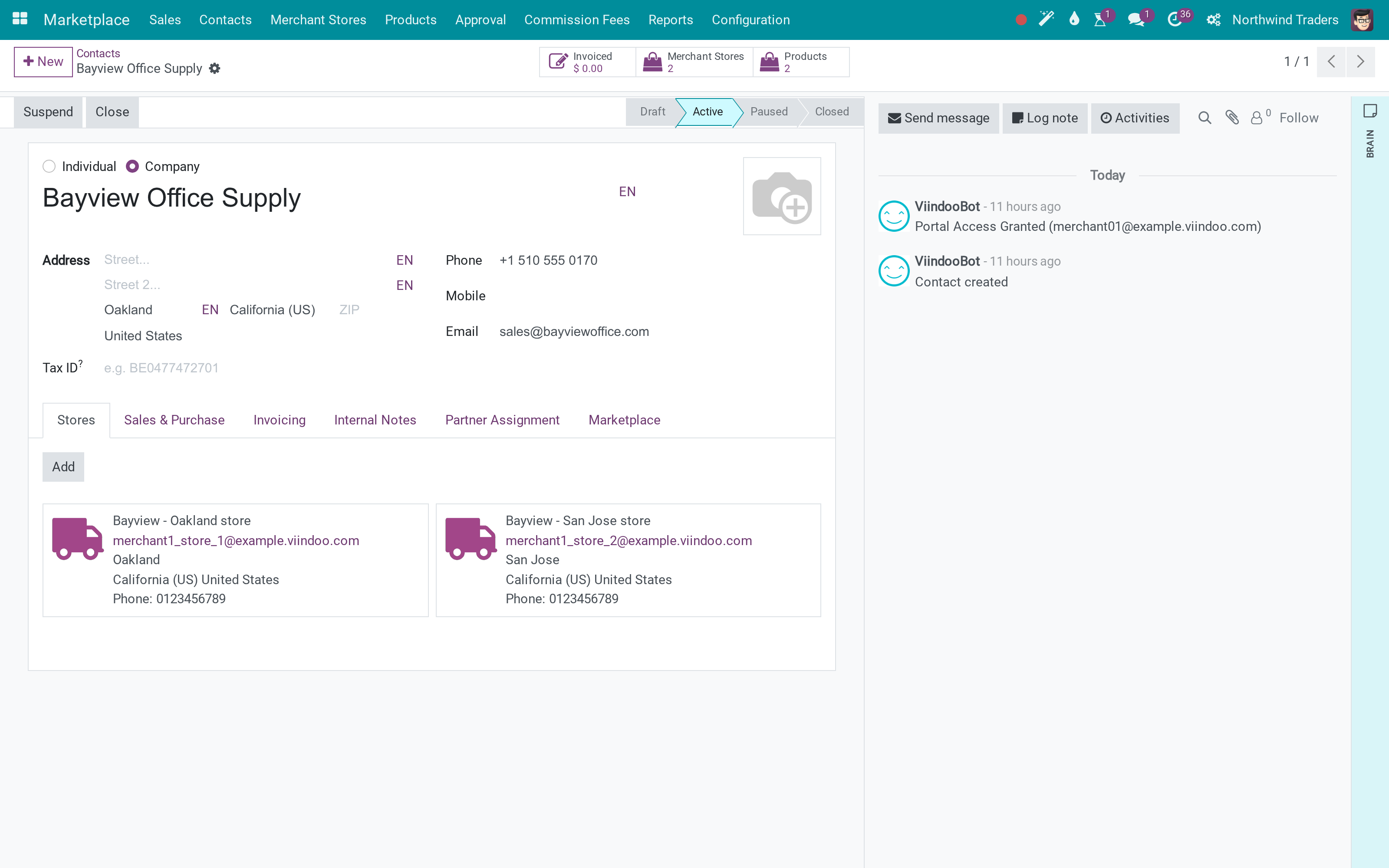 Run a marketplace: merchants, their stores and products, commission fees invoiced by the platform