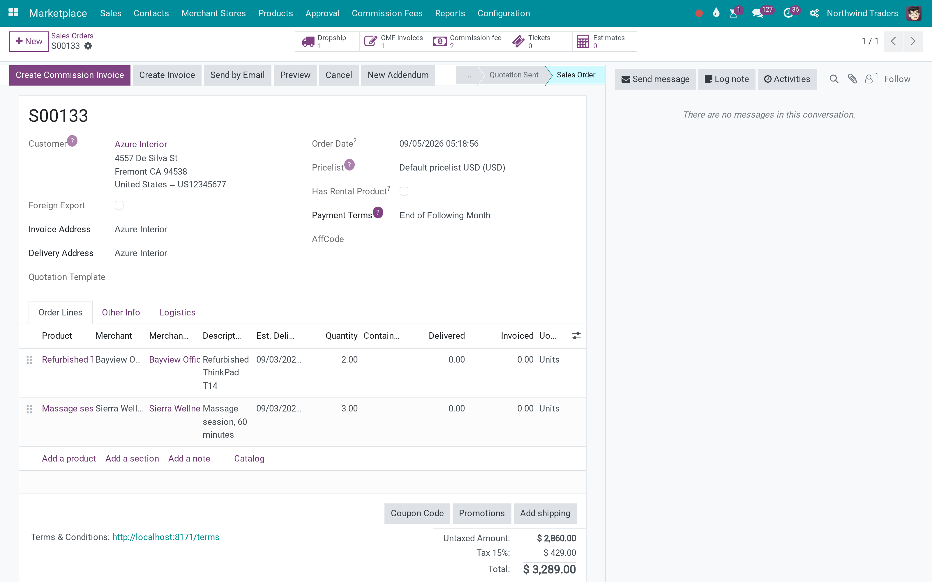Orders that span merchants: fees on every line, commission invoices, merchant order views