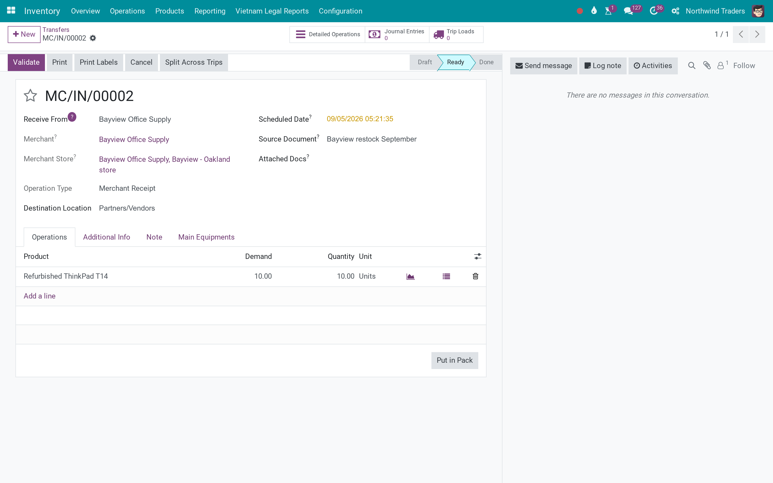 Merchant stock: receipts, deliveries and counts per store