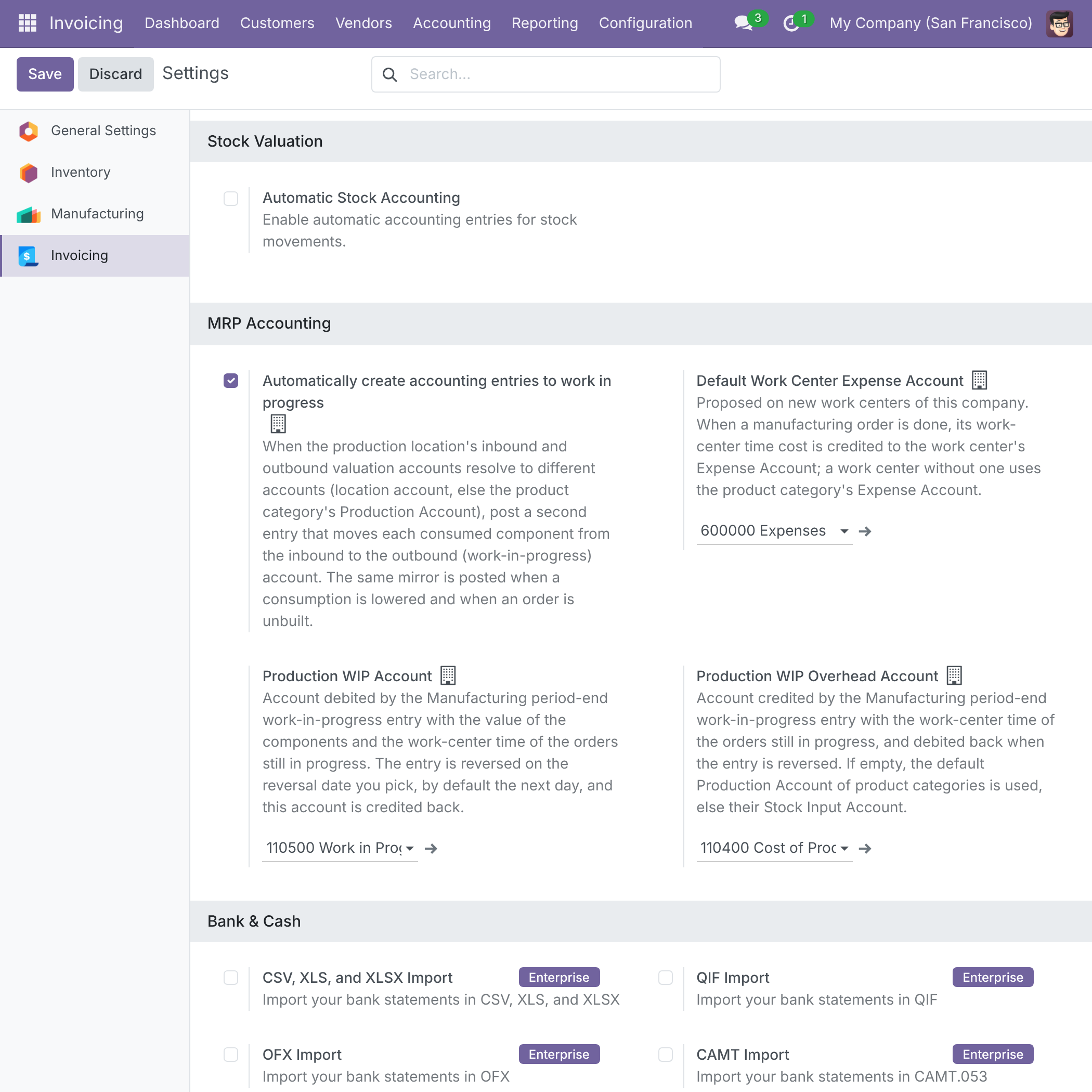 Settings: work-in-progress forwarding, Default Work Center Expense Account, Production WIP Account and Production WIP Overhead Account