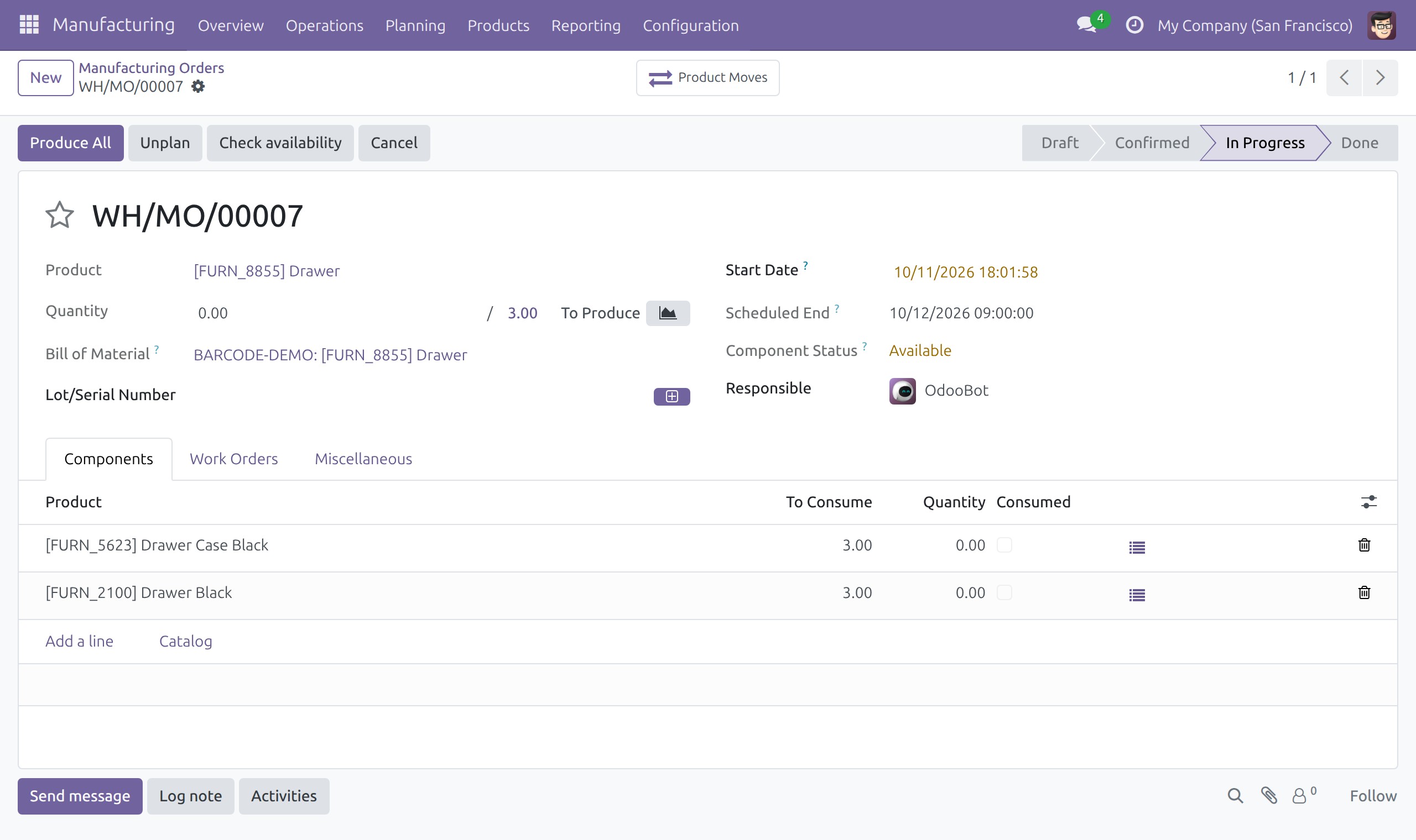 Manufacturing order form with its header buttons Produce All, Unplan, Check availability and Cancel