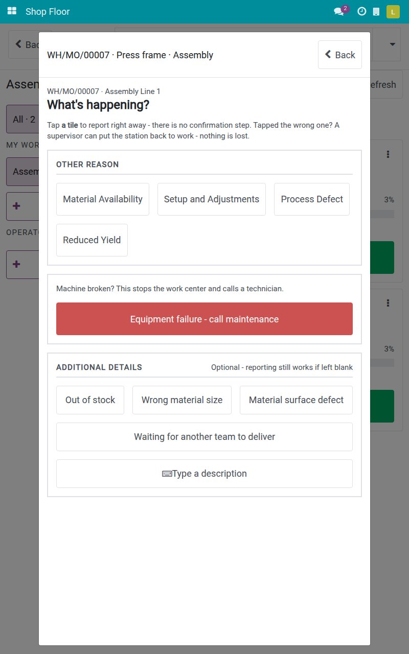 The Stop machine screen with the red button Equipment failure - call maintenance below the plain stop reasons