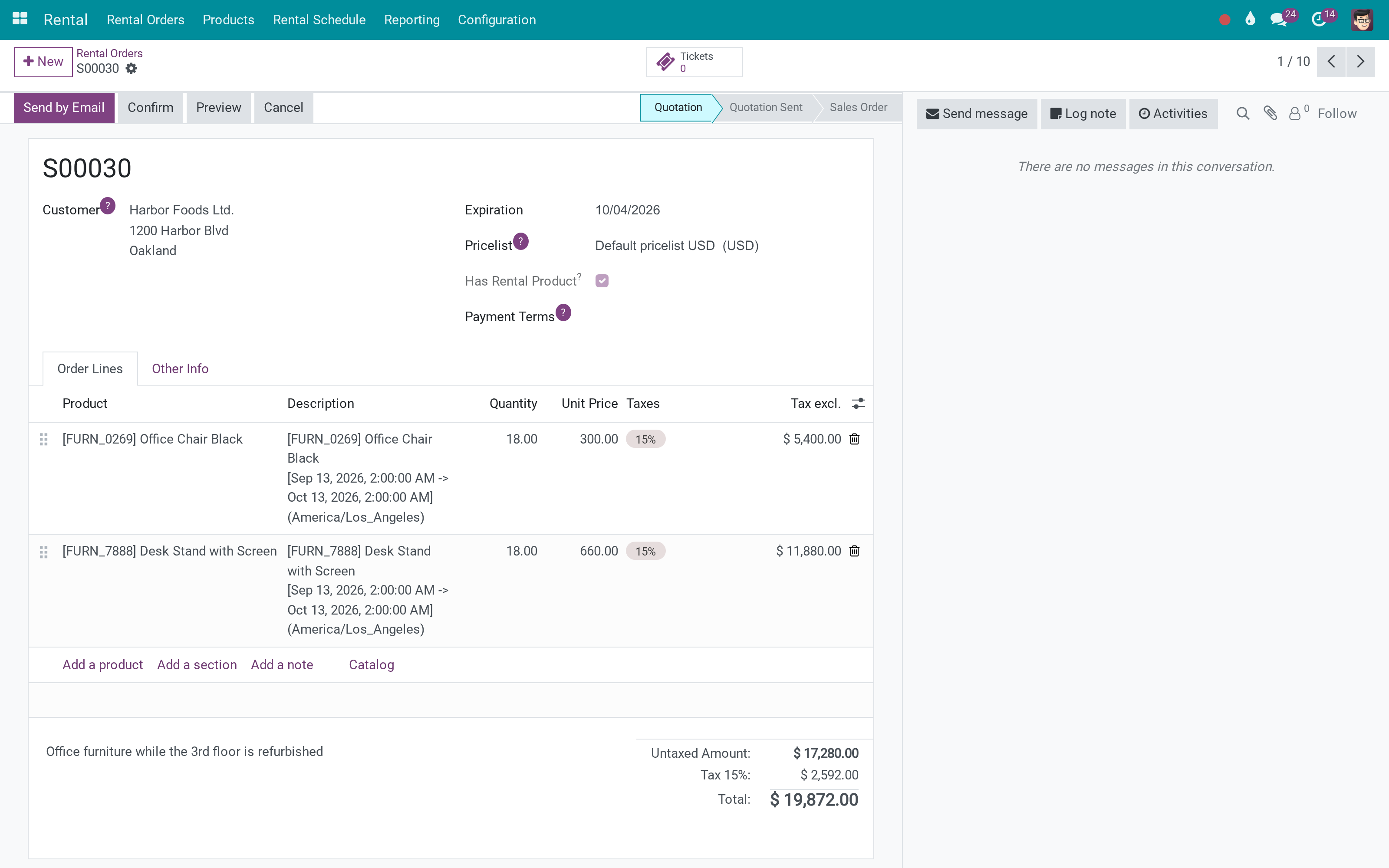 A rental order: product, from, to, and the price that follows the duration
