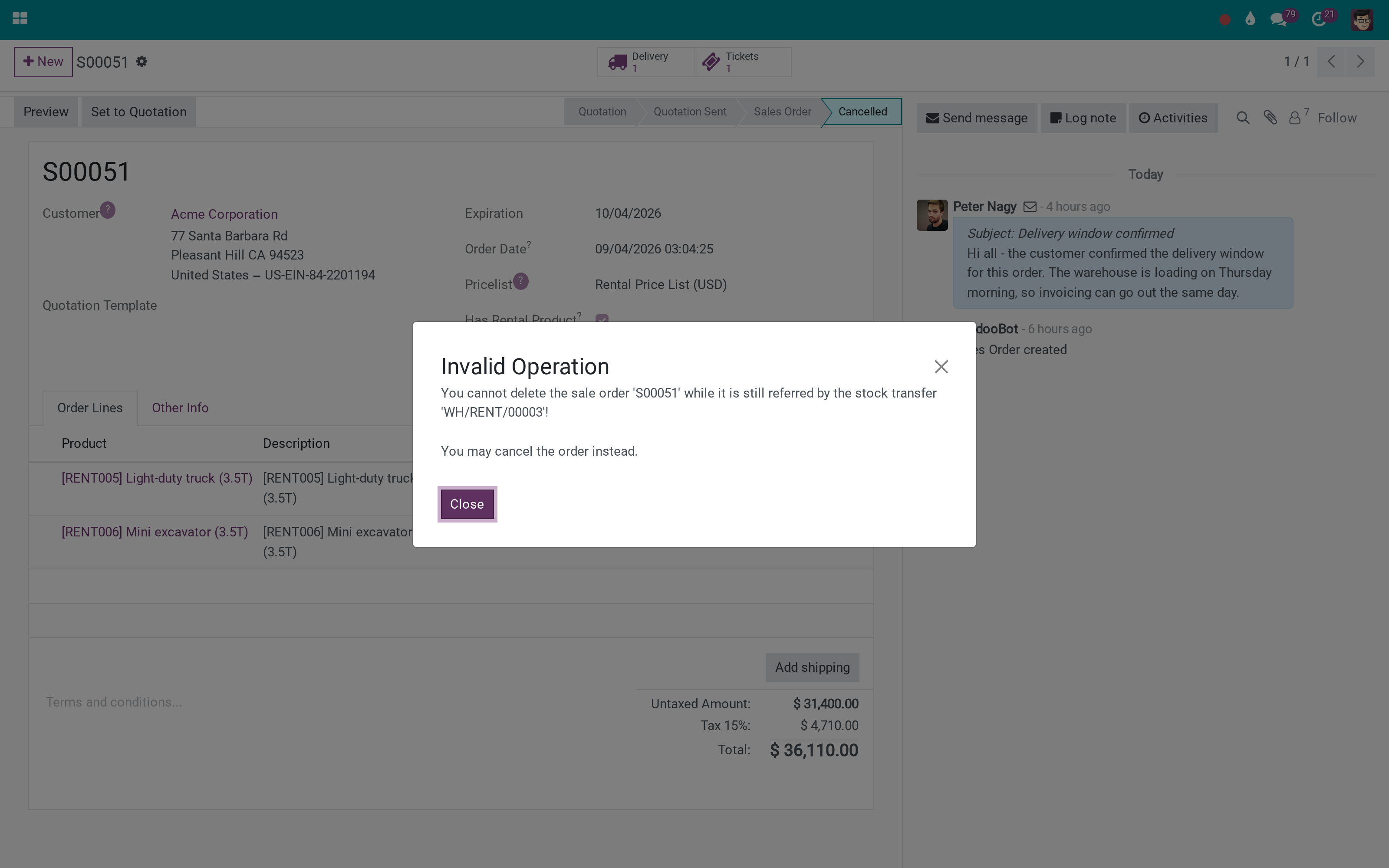 A sales order with a transfer behind it cannot just disappear