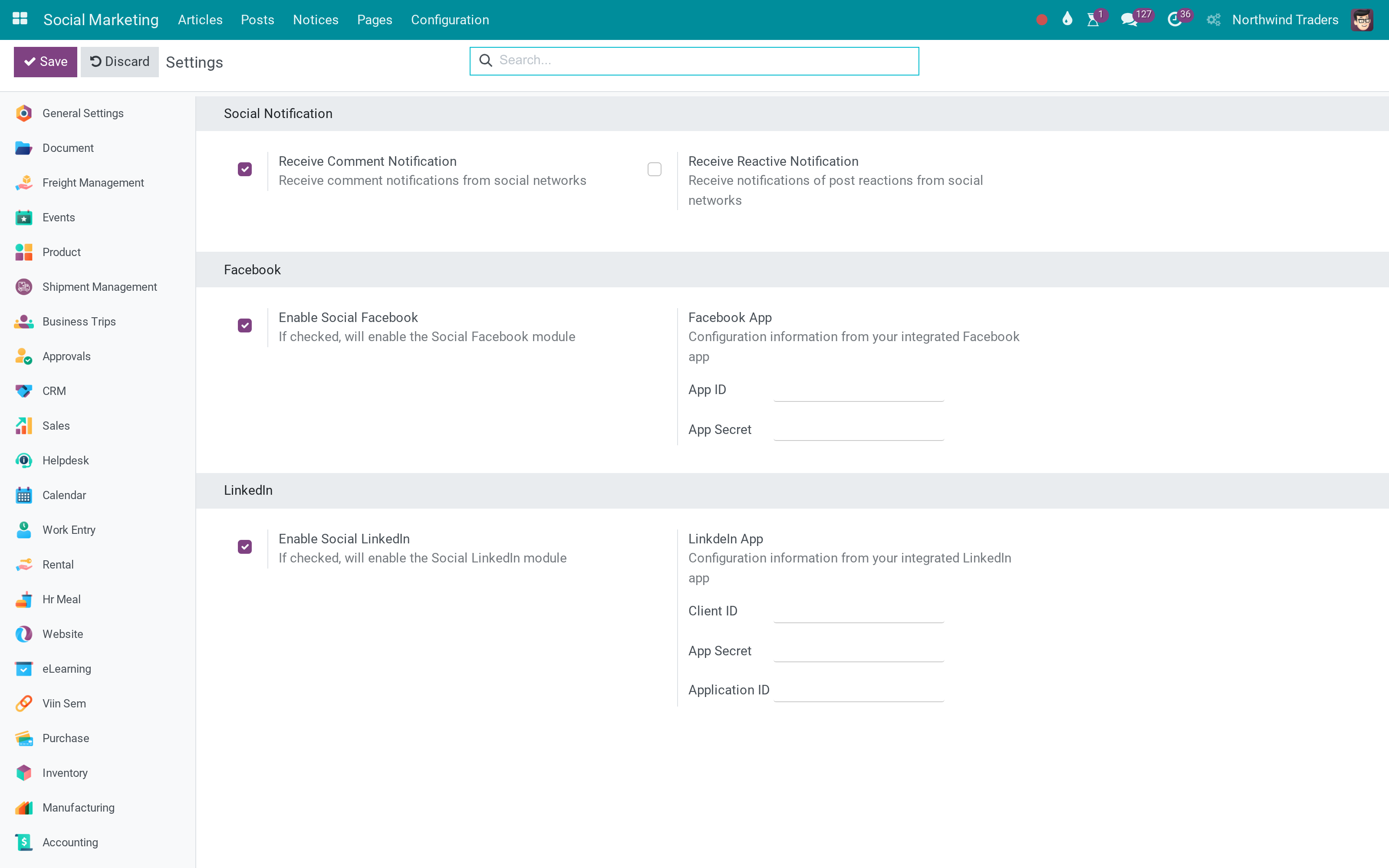 Social Media settings