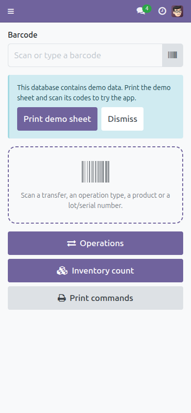 Barcode home screen with scan field