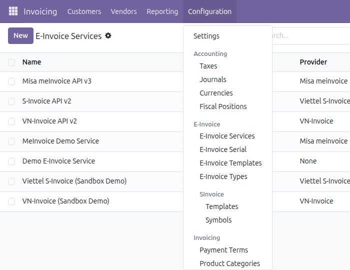 Unified E-Invoice menu