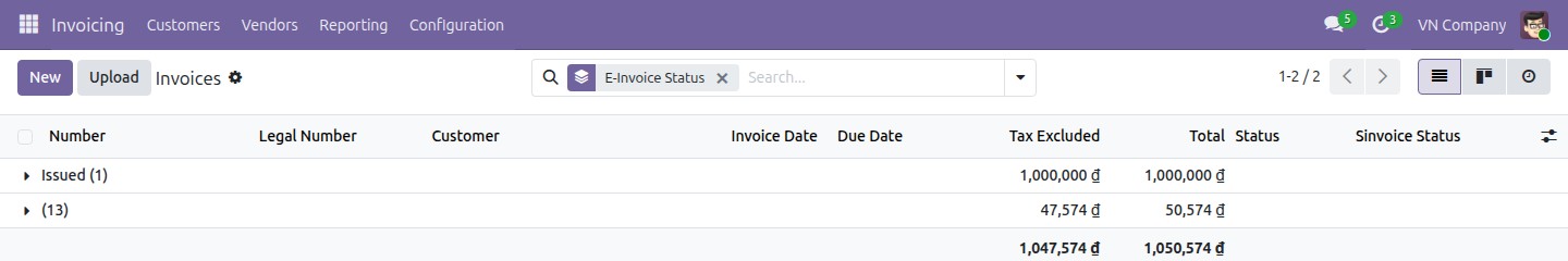 Invoice list grouped by E-Invoice Status