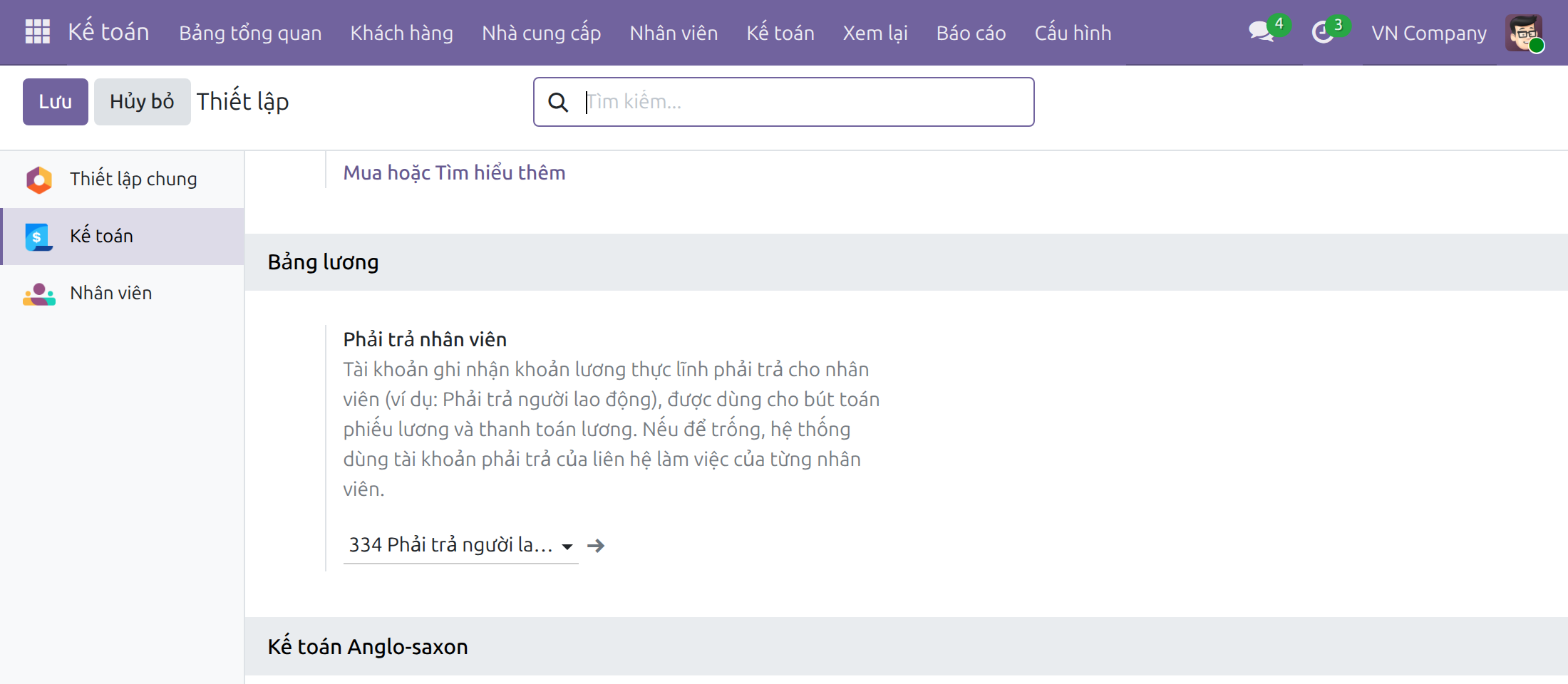 Tài khoản phải trả người lao động chung trong khối Bảng lương của thiết lập kế toán