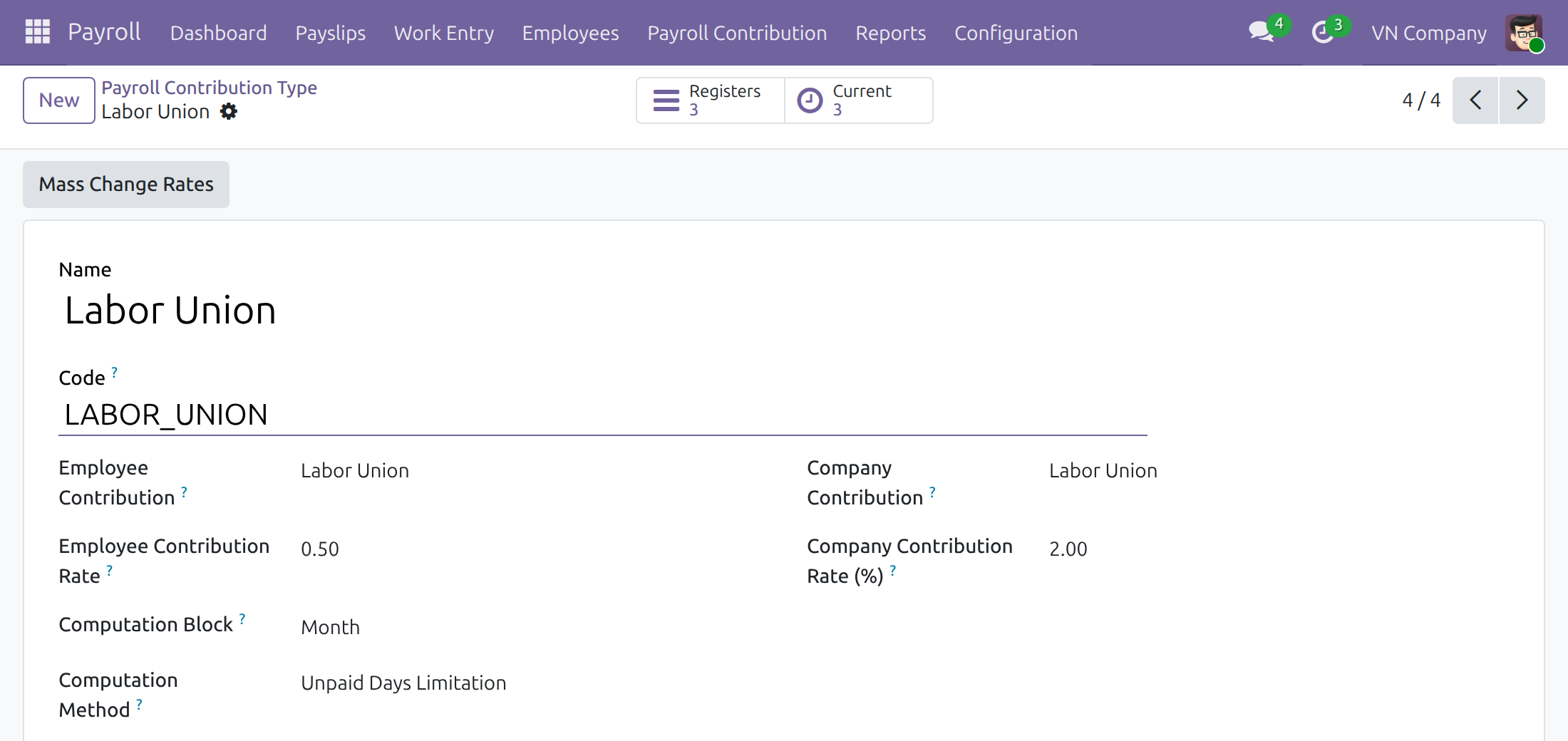 Form of a payroll contribution type with the Mass Change Rates button