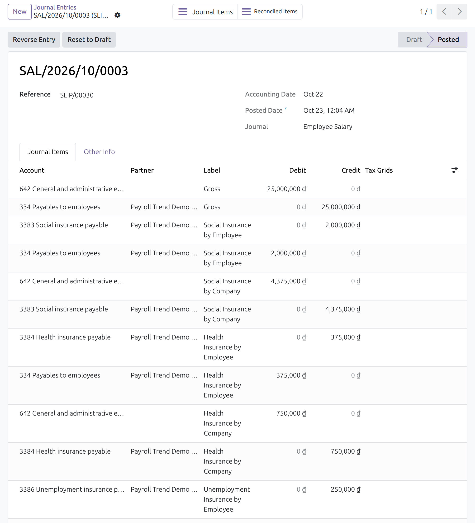 A salary journal entry on the Vietnamese payable accounts