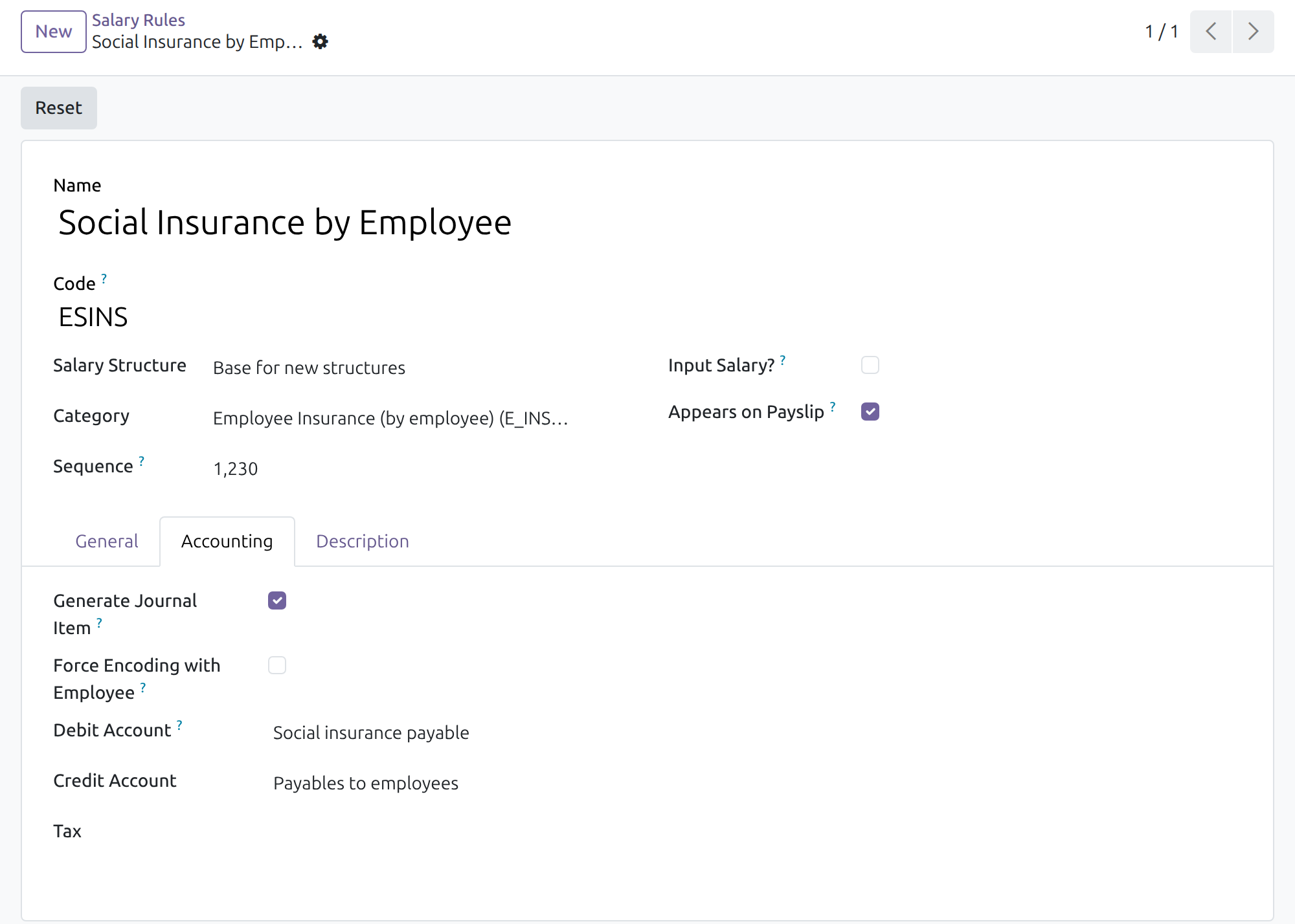 The Accounting tab of the social insurance by employee rule