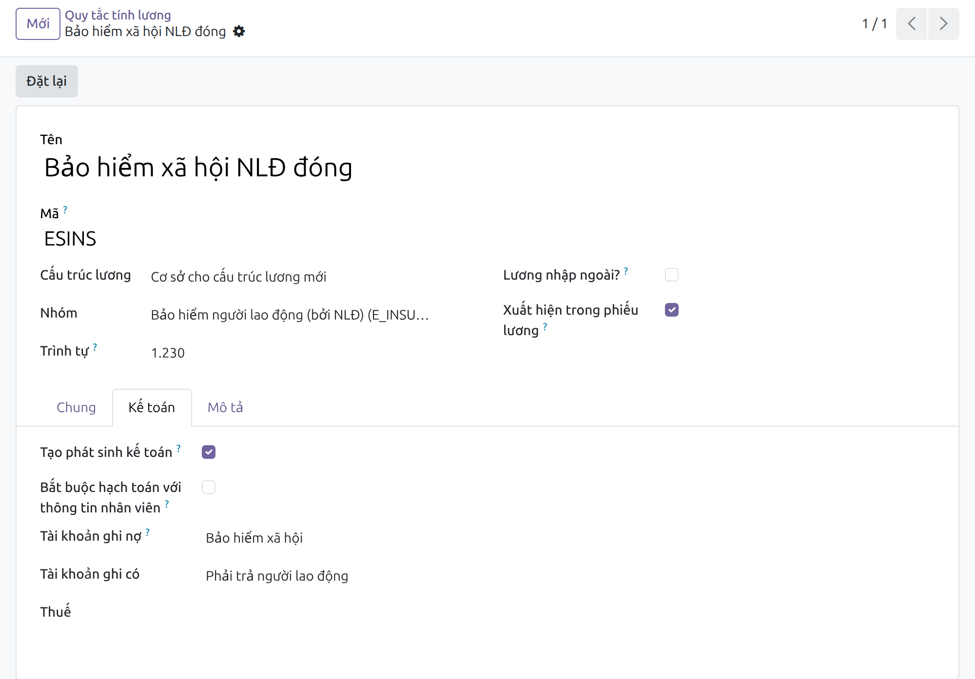 Tab Kế toán của quy tắc bảo hiểm xã hội do người lao động đóng