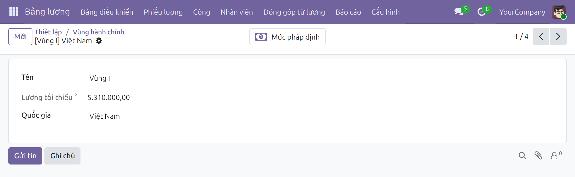 Mở các số tiền đã ghi cho một vùng