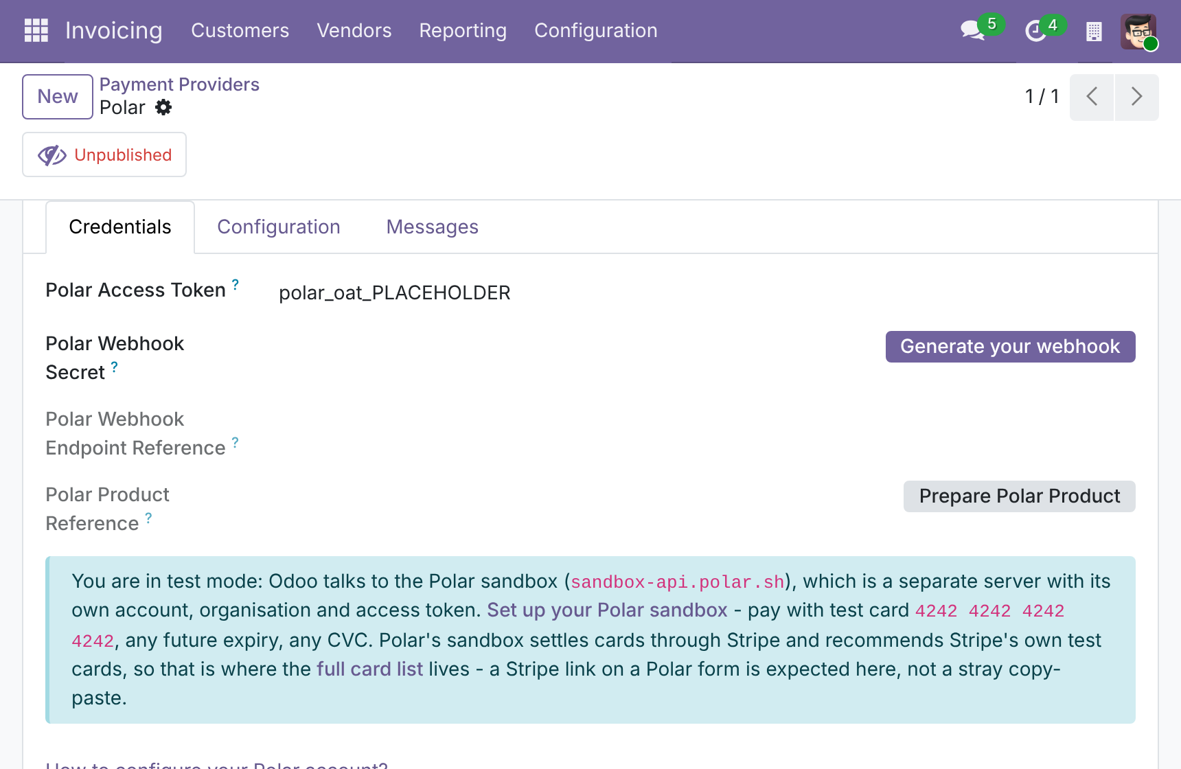 Polar access token, Generate your webhook and Prepare Polar Product on the provider form