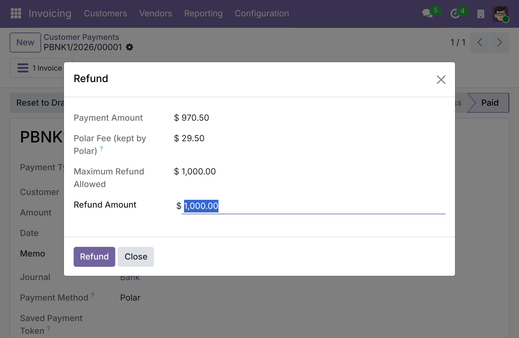 Refund part or all with the Polar-kept fee shown first