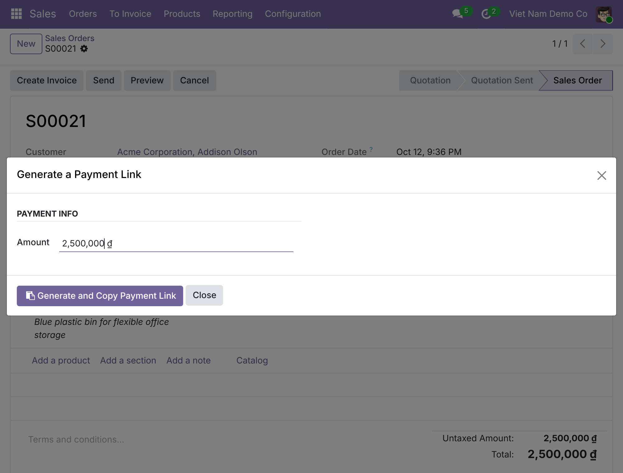 Send a ZaloPay payment link from an invoice or sales order