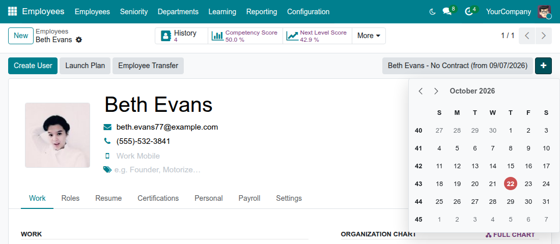 The calendar that opens from the plus button of the employee form to choose the date of the new entry