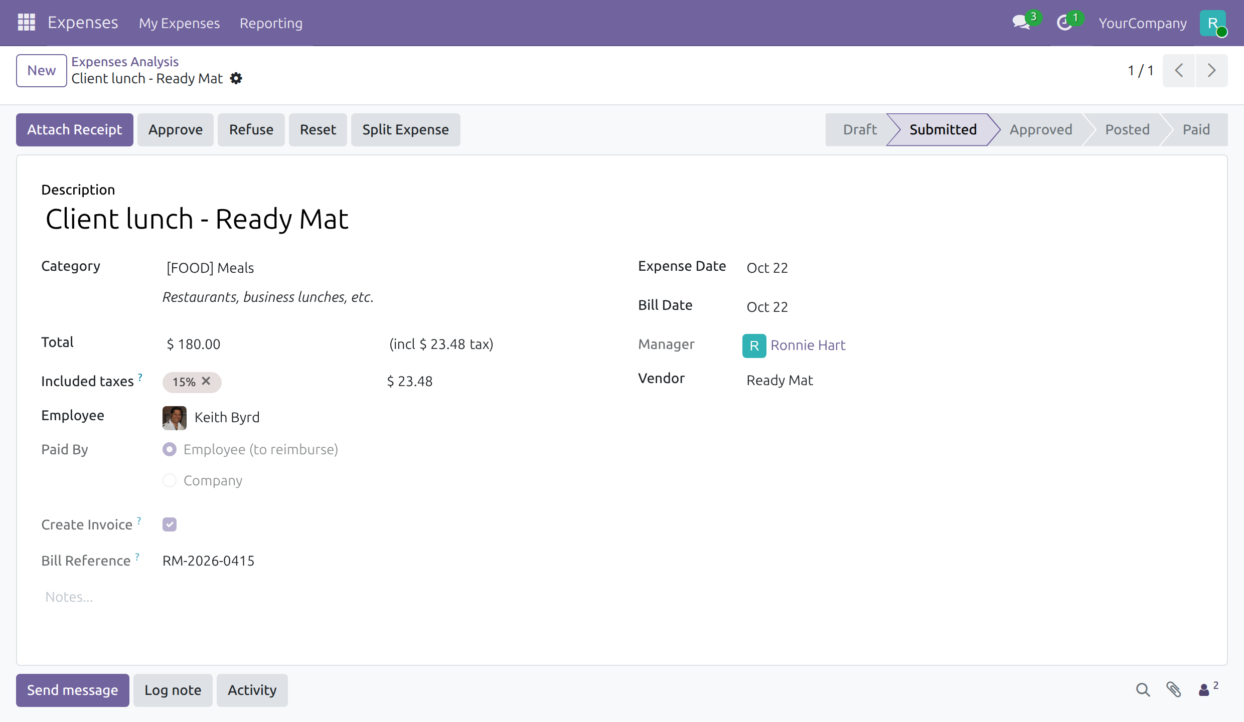 A submitted expense opened by the team approver, with the Approve and Refuse buttons