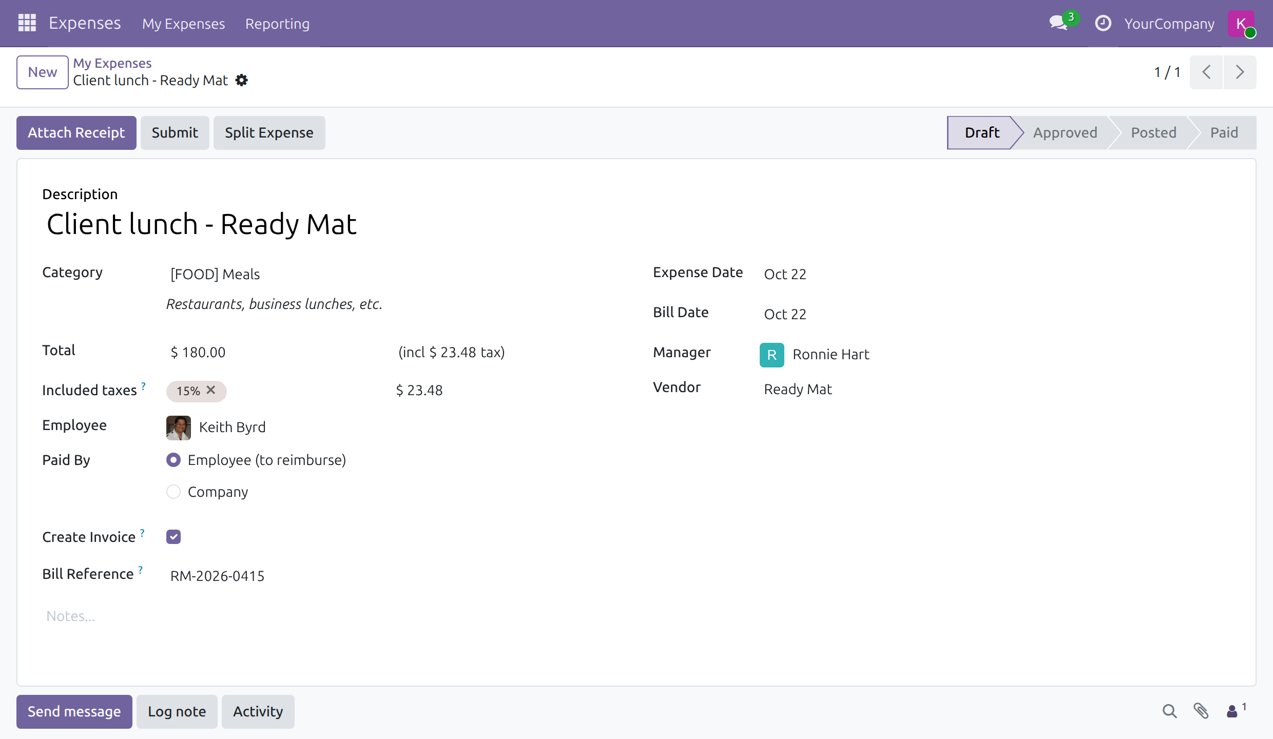 An expense with Create Invoice ticked, showing the vendor, the bill reference and the bill date