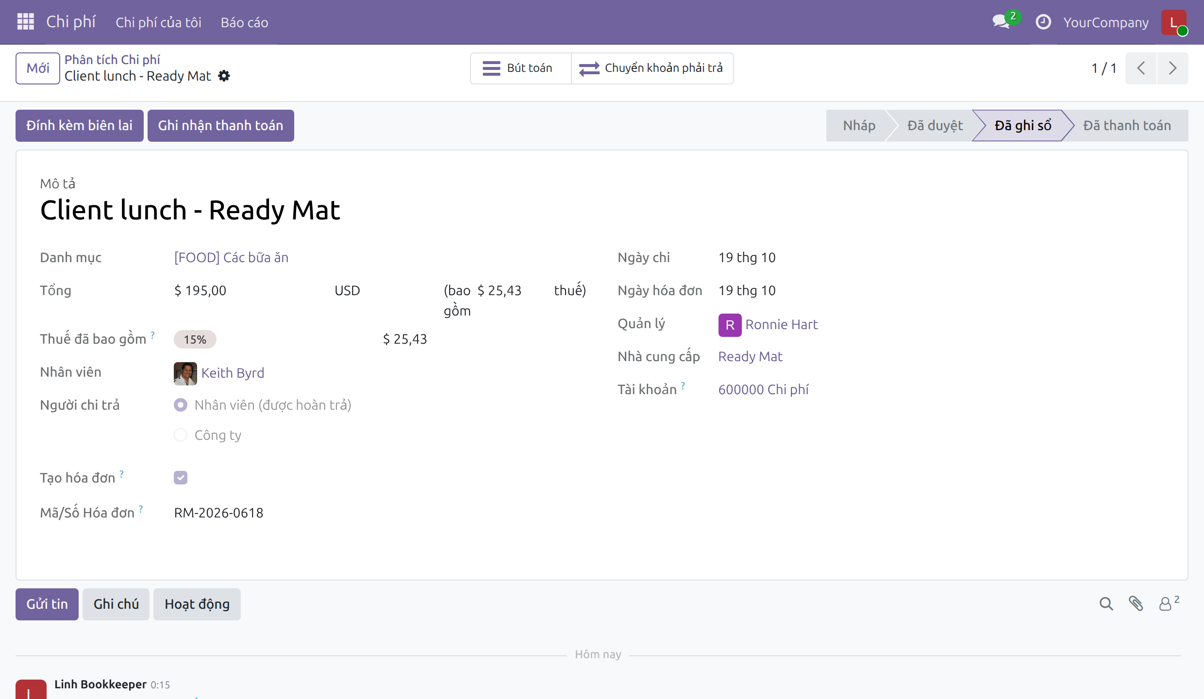 Chi tiêu đã ghi sổ với nút Chuyển khoản phải trả và Ghi nhận thanh toán