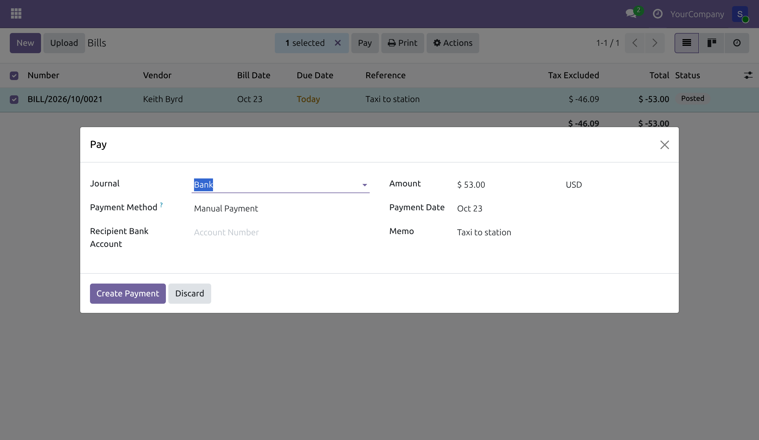 The payment dialog opened from the Bills list for the receipt of an expense, by an accountant with Invoicing only