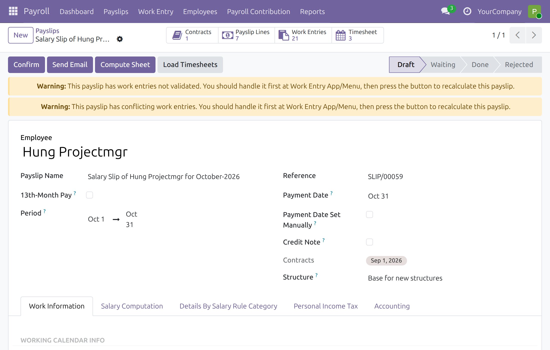 Draft payslip with the Load Timesheets button and the Timesheet button