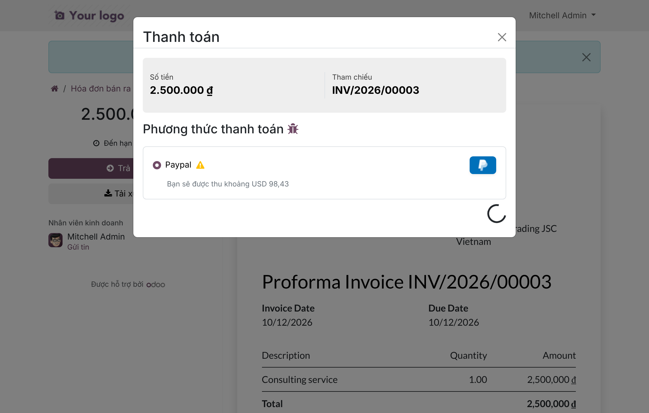 Cửa sổ thanh toán PayPal hiển thị số tiền USD sẽ bị thu