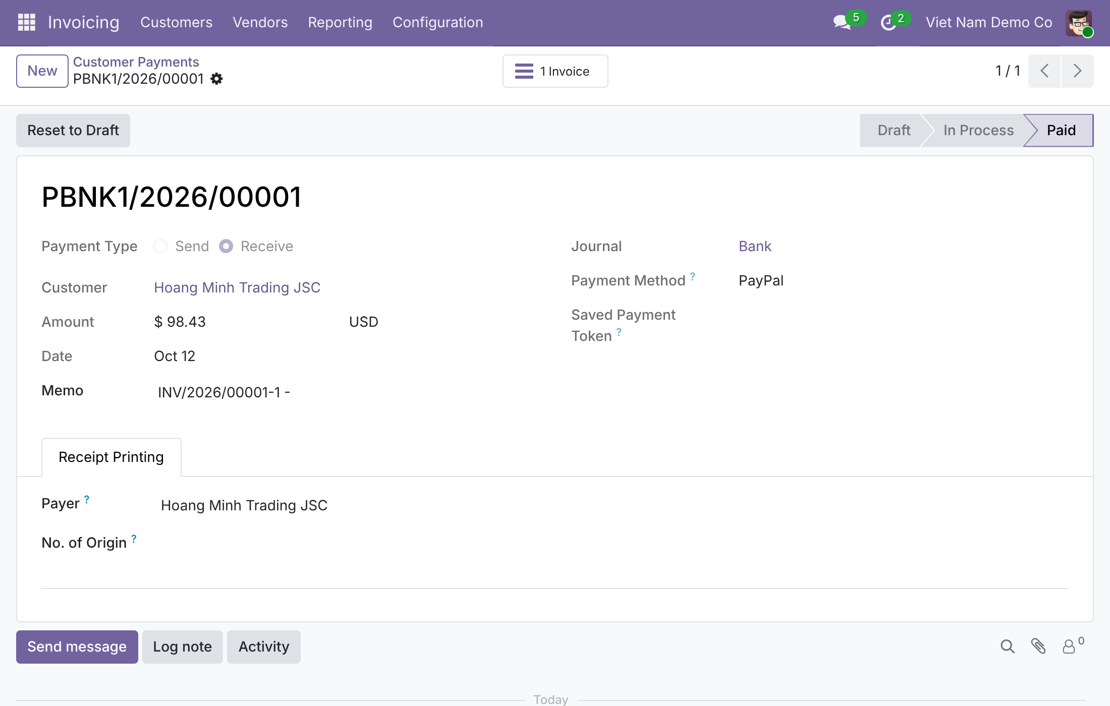 Record the payment in USD