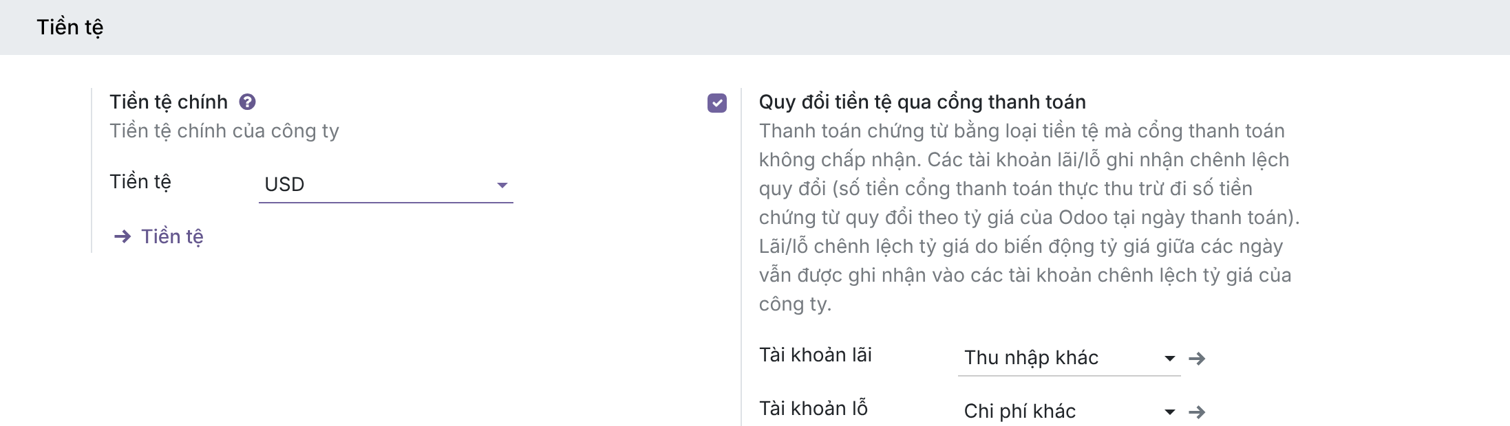 Settings, khối Payment gateway currency conversion với Gain Account và Loss Account