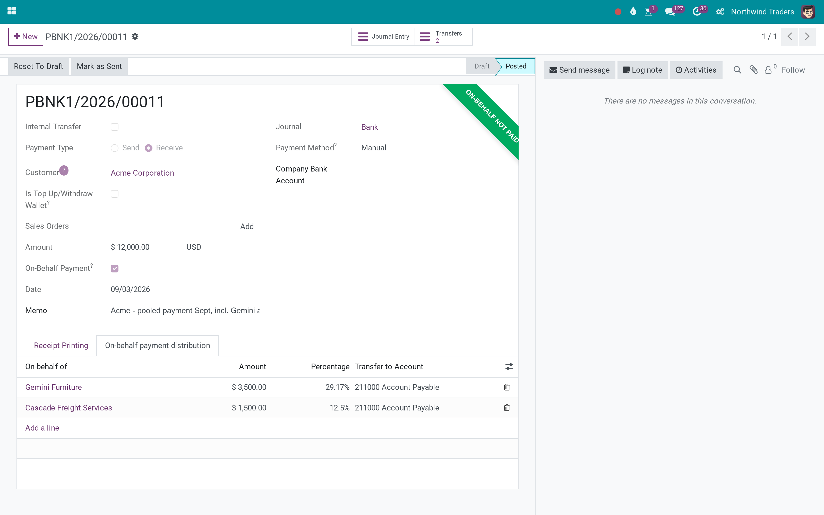 One payment, several partners: on-behalf distribution with automatic transfers