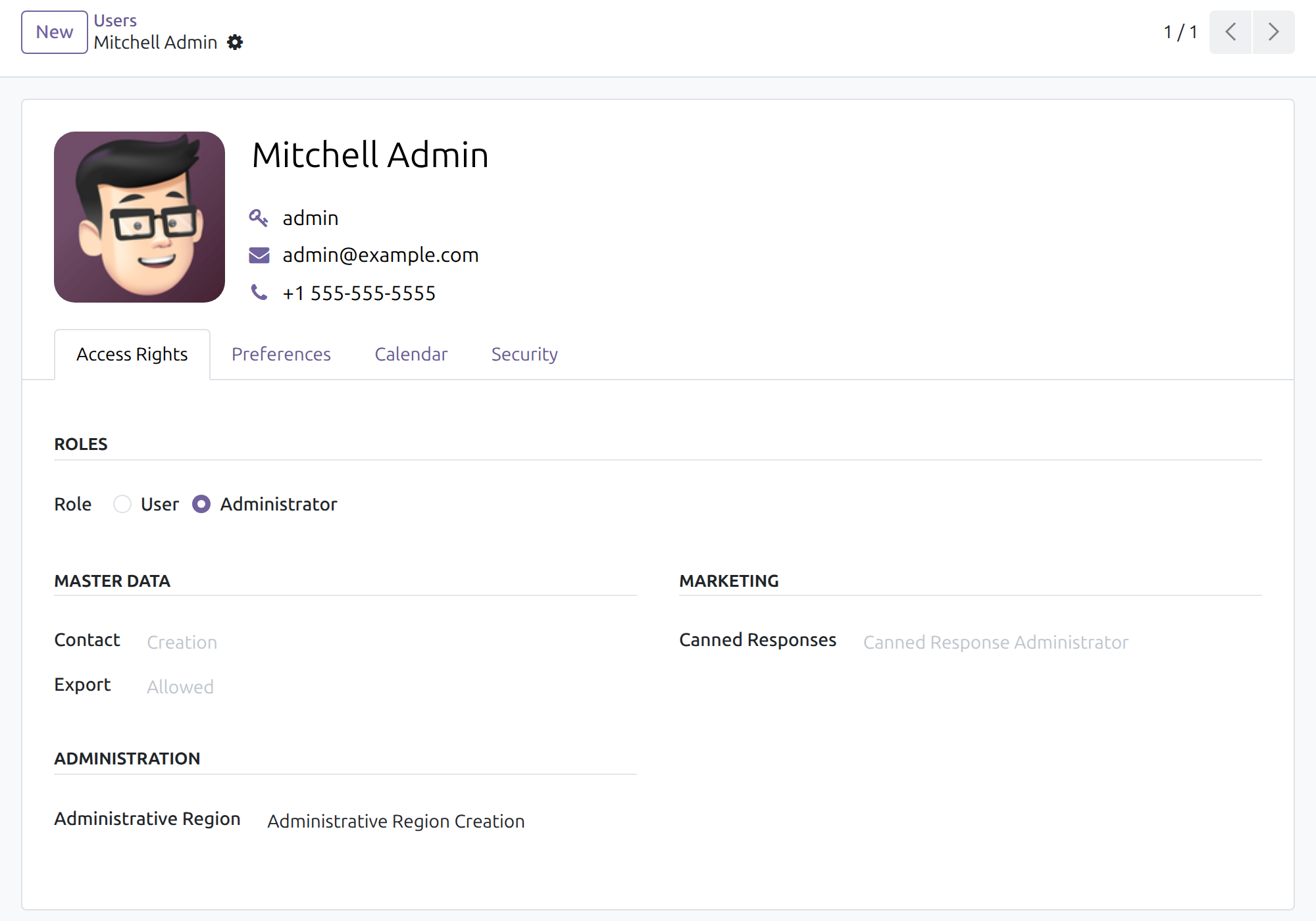 Administrative Region access right on a user