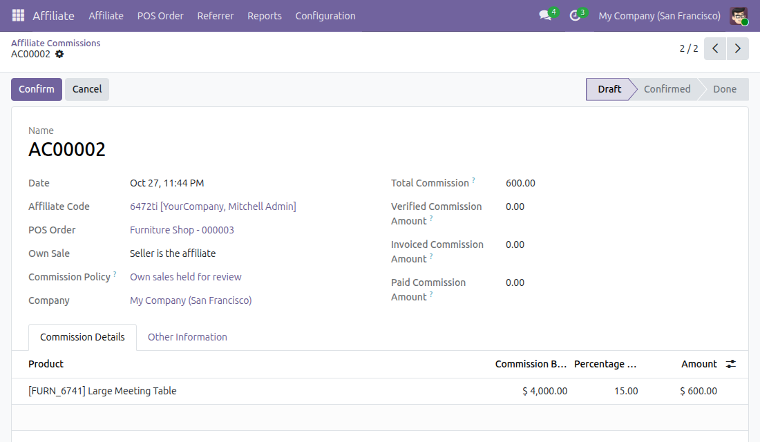 Commission of a sale whose seller is the affiliate, in Draft, with Own Sale set to Seller is the affiliate