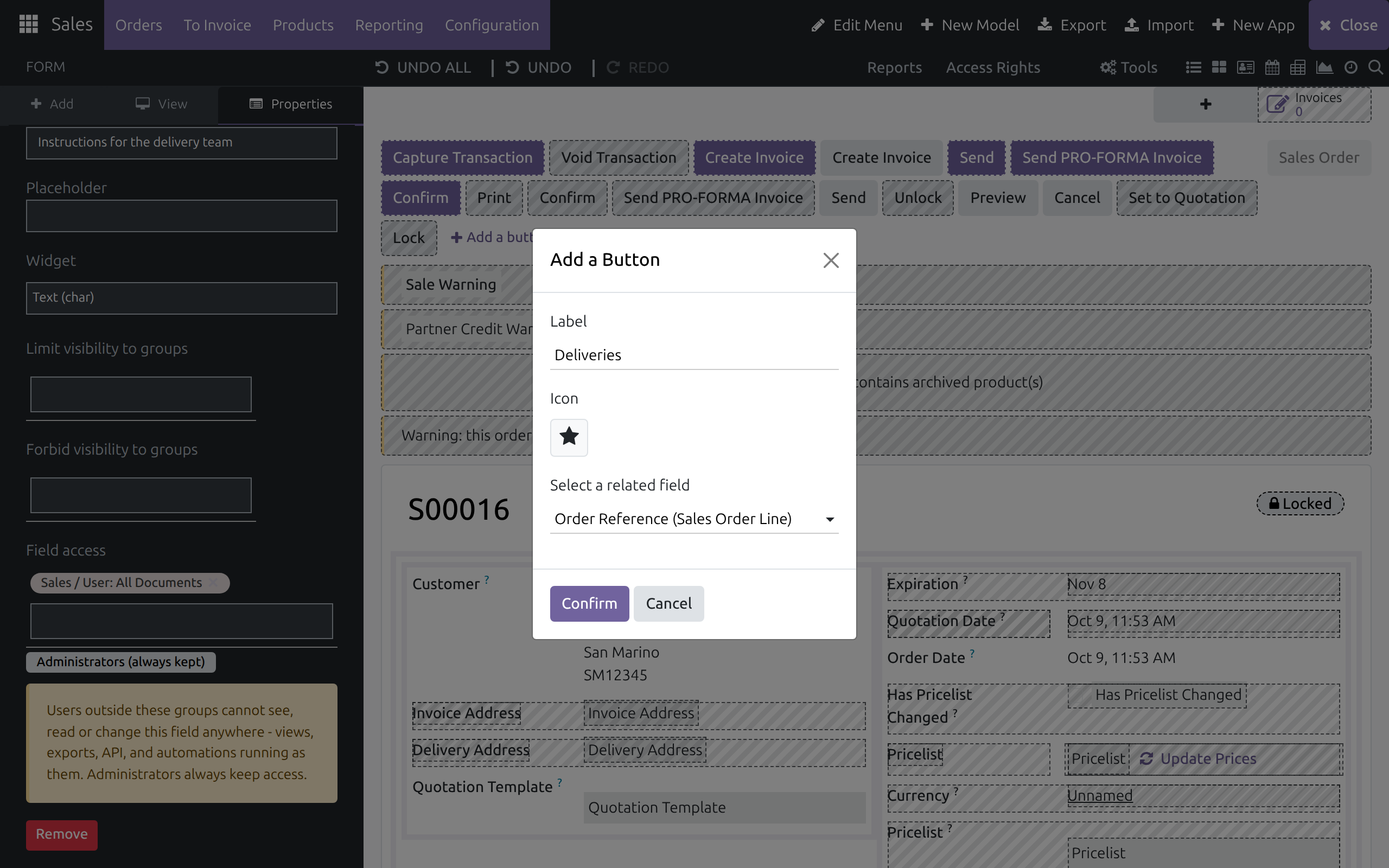 The Add a Button dialog with the Label, Icon and Select a related field boxes and the Confirm and Cancel buttons