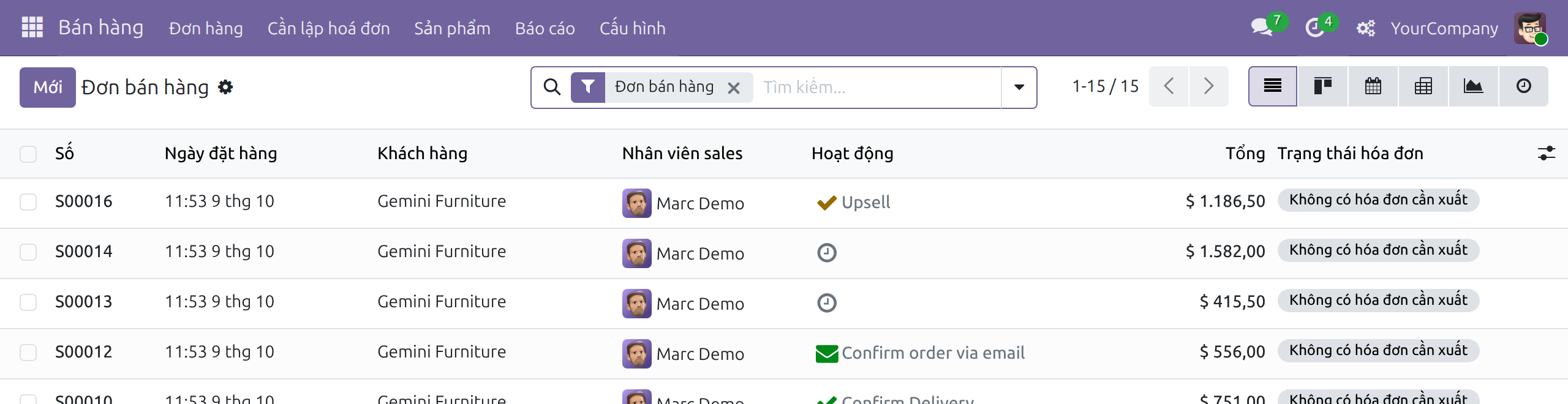 Biểu tượng bánh răng Chế độ tùy chỉnh trên thanh hệ thống góc trên bên phải của danh sách Đơn bán hàng