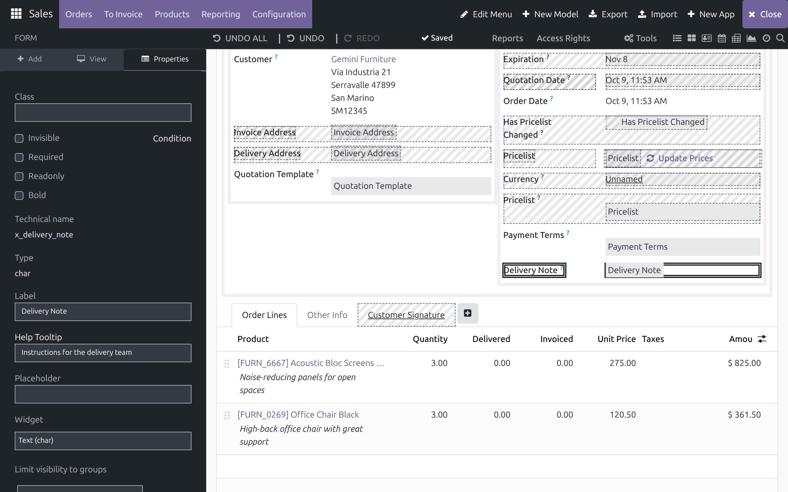 A selected custom field on the form canvas with its Properties tab open, showing Class, Invisible, Required, Readonly, Bold, Technical name, Type, Label, Help Tooltip, Placeholder and Widget
