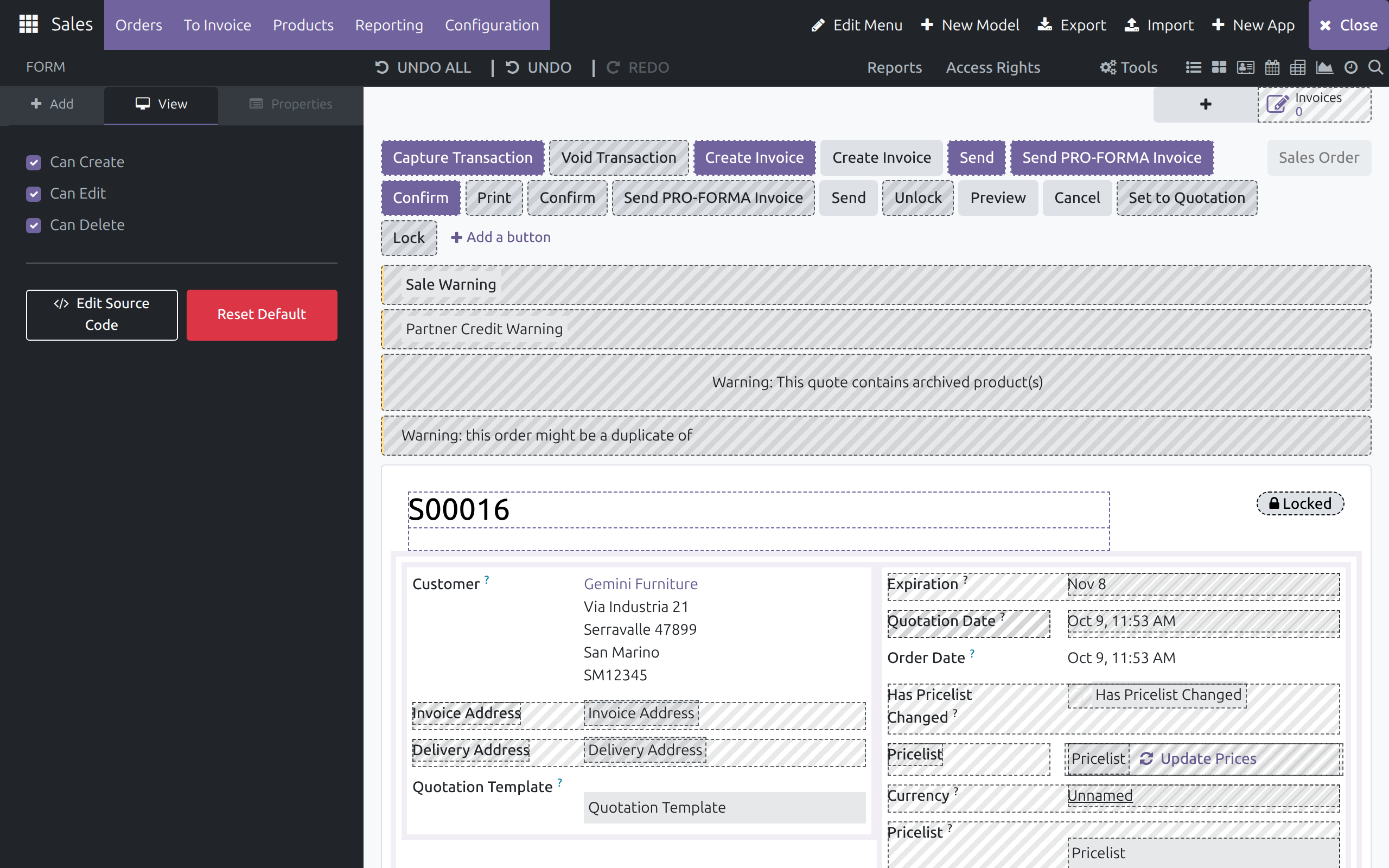 The Form view's View tab with Can Create, Can Edit and Can Delete, Edit Source Code and Reset Default