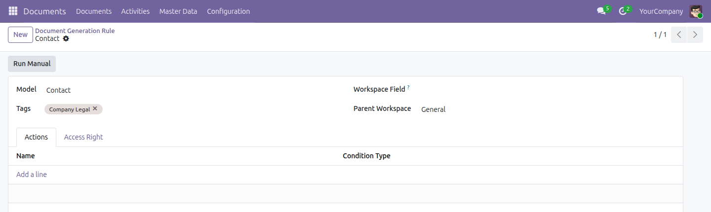 The Document Generation Rule form under Documents, Configuration, Document Generation Rule, with Model set to Contact and Parent Workspace set to General, and the Run Manual button visible in the header.