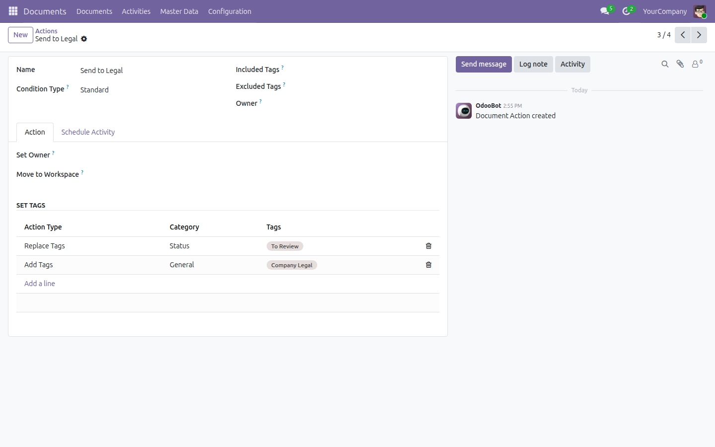 An Action's configuration form, showing Included Tags, Excluded Tags, and a Set Tags list under the Action tab.