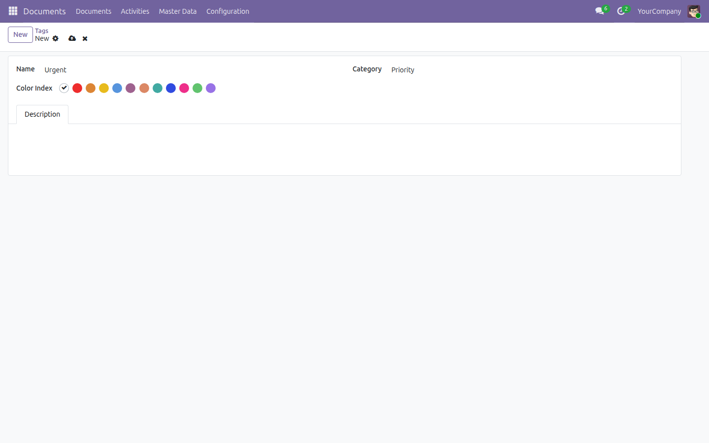 A new tag form with Name, Category, and the Color Index swatches open for selection.