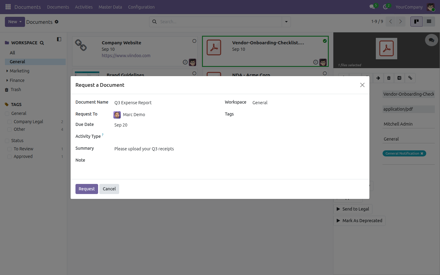 The Request a Document dialog filled in with a Document Name, a Request To user, a Due Date, and a Summary.