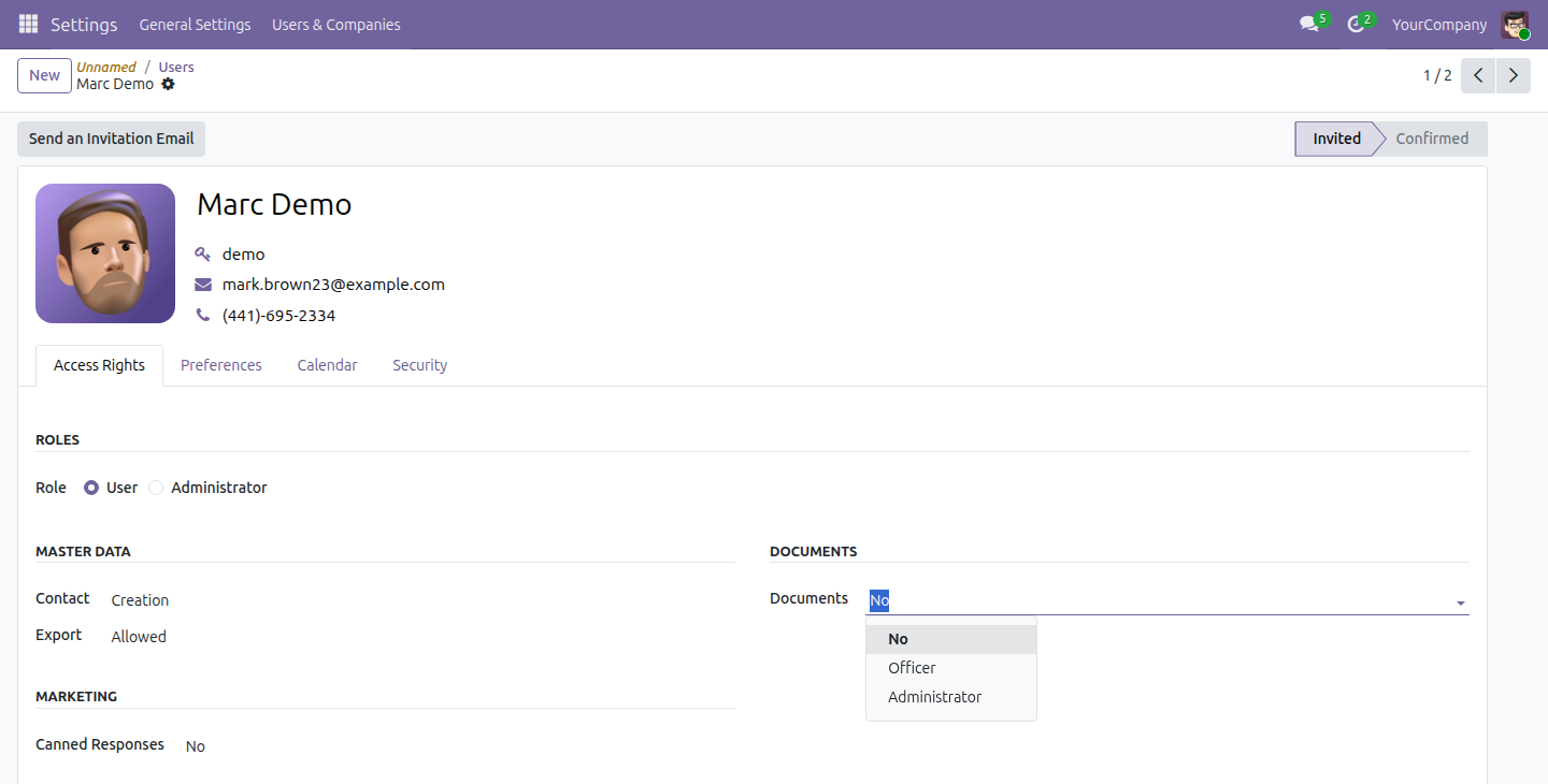 The Access Rights tab of a user's form, showing the Documents field under a DOCUMENTS section set to No, with Officer and Administrator as the other choices.
