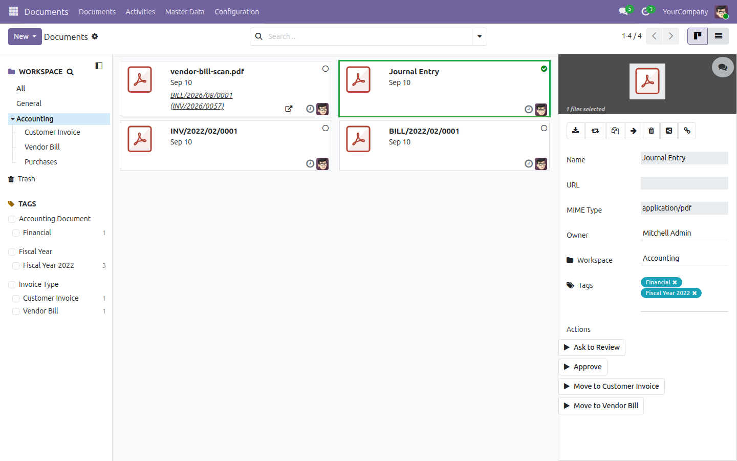 DEMO DATA - the Documents app kanban scoped to the Accounting workspace, with the demo document Journal Entry selected and its sidebar open showing the Move to Customer Invoice action button