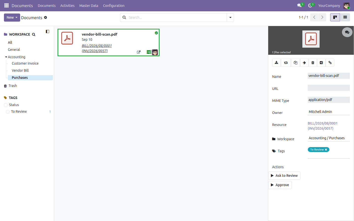 Documents app scoped to the Purchases folder, showing the one filed vendor bill and its Resource link back to the bill