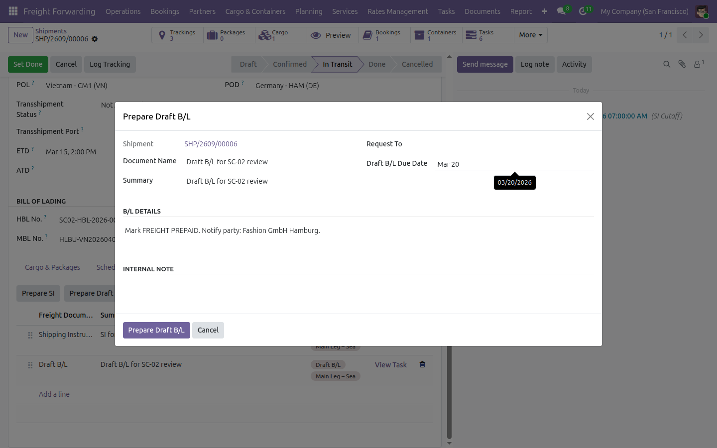 The Prepare Draft B/L wizard opened from shipment SHP/2609/00006, showing the Draft B/L due date and carrier-facing remarks fields.