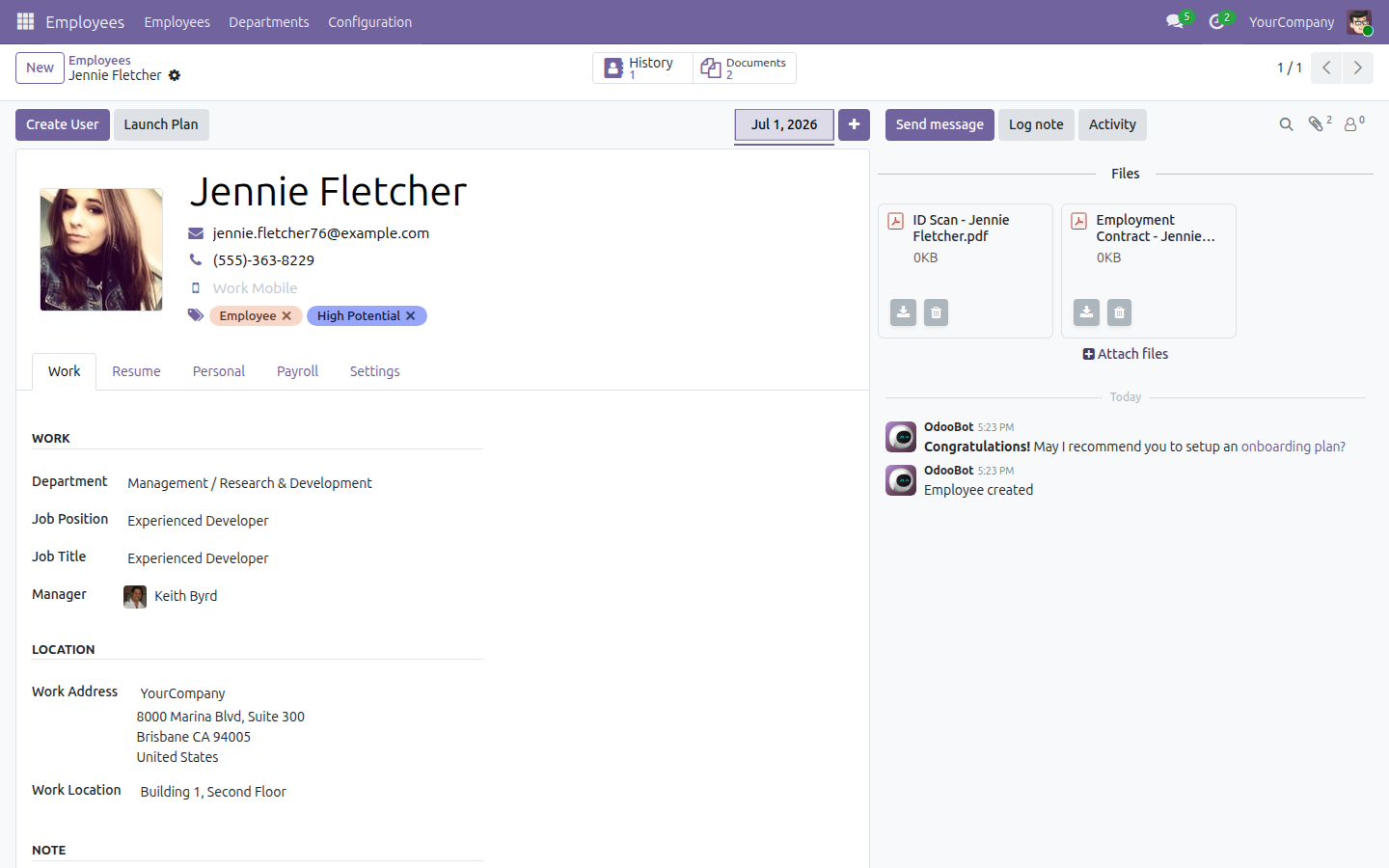 The Employees form for a demo employee from the standard hr demo data, with the chatter's file-attach panel open showing two attached documents and the Documents stat button in the button box.