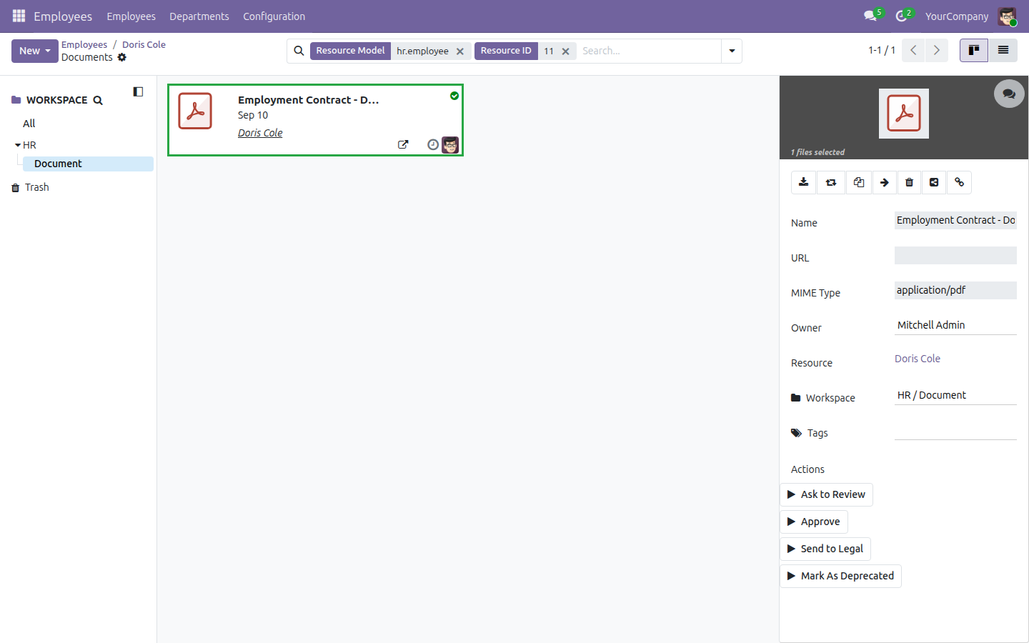 The Documents app opened from a demo employee's Documents smart button, filtered to that one demo employee, showing the newly filed file with no tags yet applied.