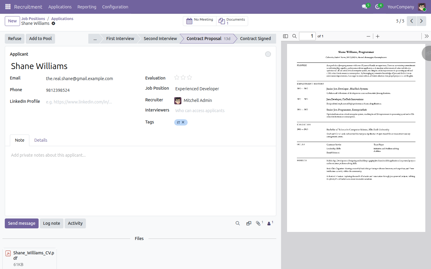 An Applicant form for a demo candidate (Shane Williams, Experienced Developer) with a CV already attached in the chatter, next to the Documents smart button now showing a count of 1.