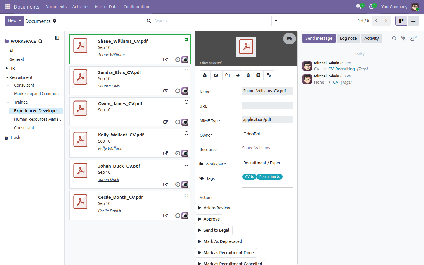 A filed CV's detail panel in the Documents app with the Actions list open, showing Mark as Recruitment Done and Mark as Recruitment Cancelled alongside Ask to Review, Approve, Send to Legal and Mark As Deprecated, on a demo document tagged CV and Recruiting.