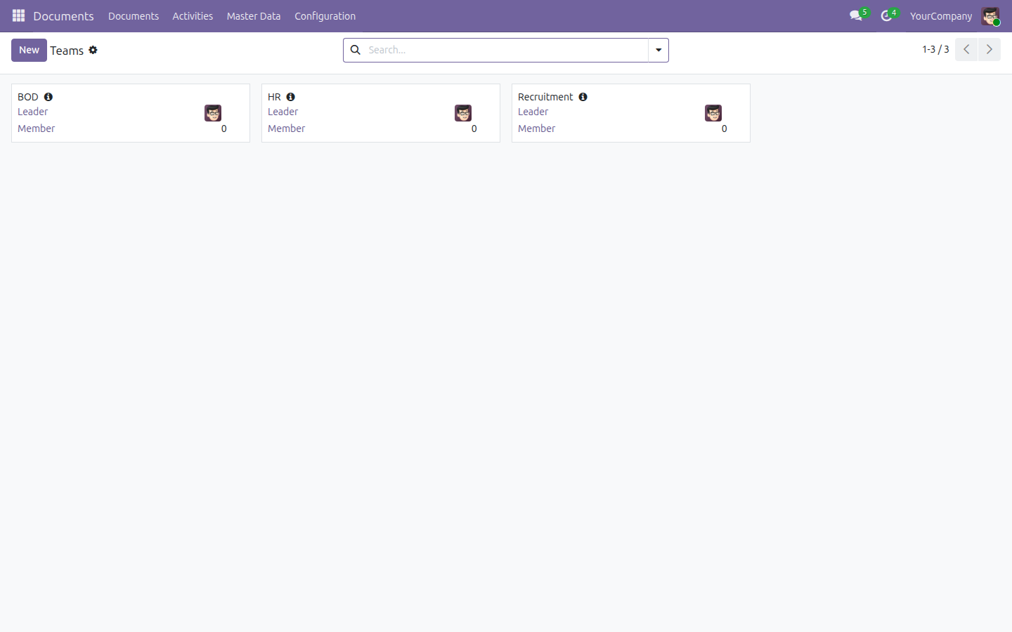 The Documents app Master Data Teams list, showing the Recruitment team alongside the HR and BOD teams